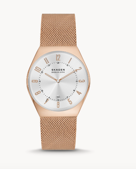 Grenen Three-Hand Date Rose Gold Stainless Steel Mesh Watch