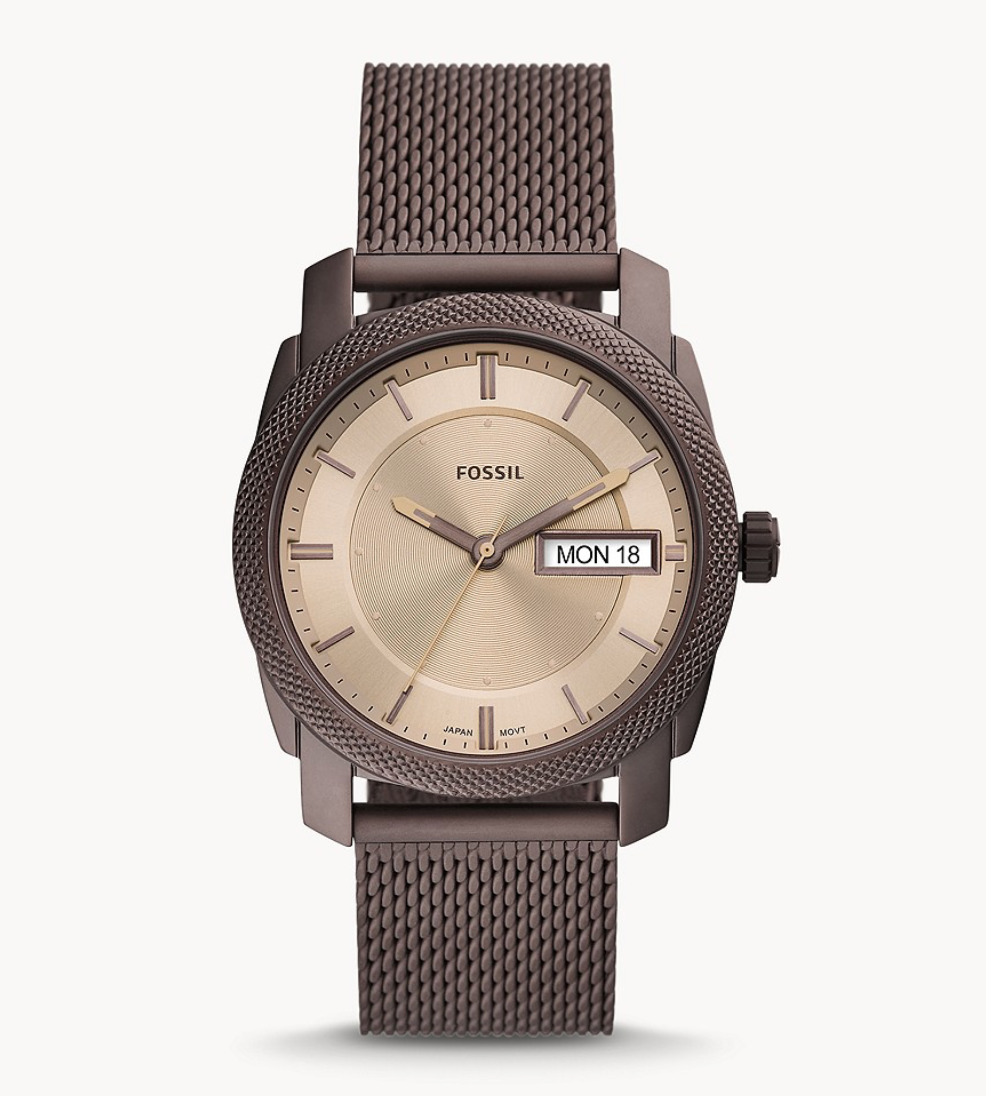 Machine Three-Hand Day-Date Brown Stainless Steel Mesh Watch
