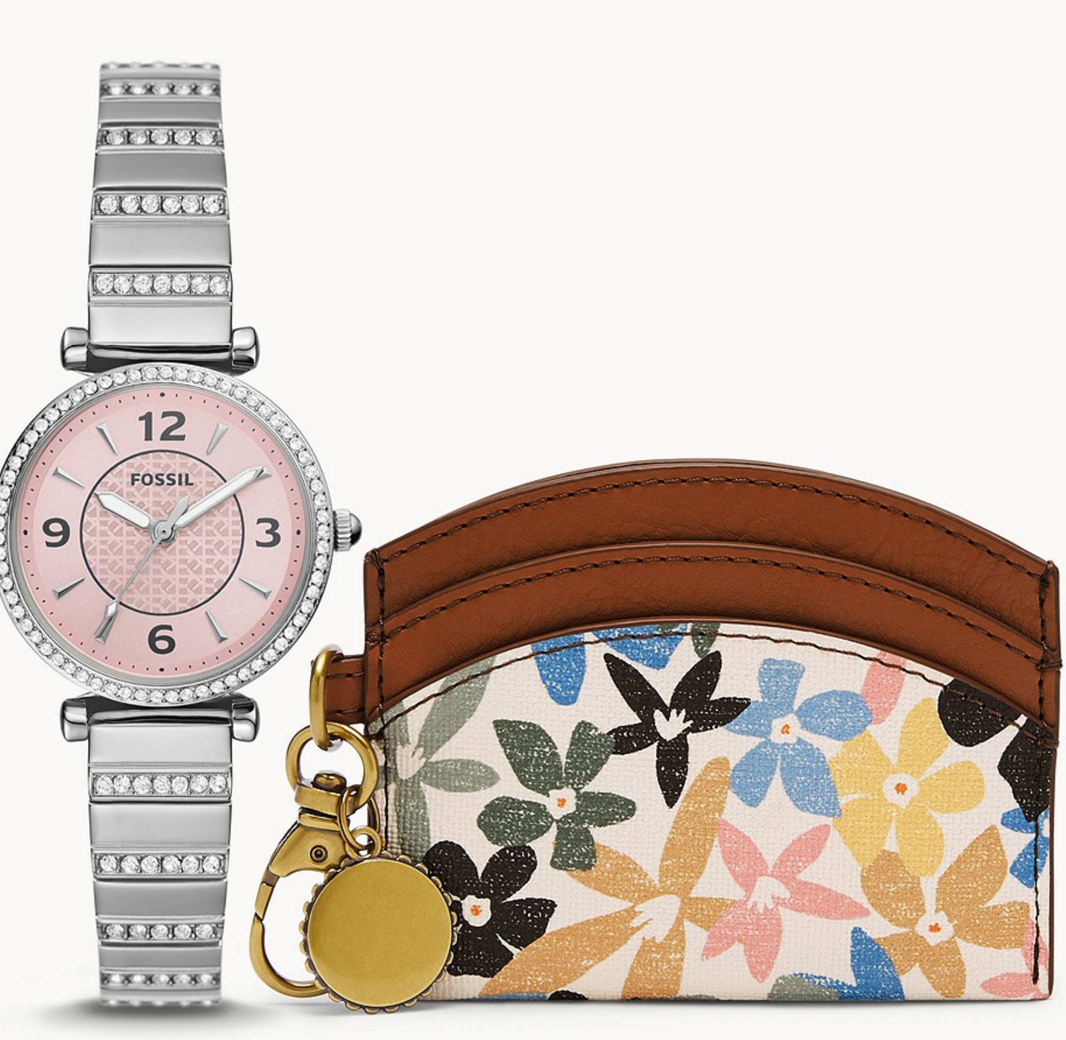 Carlie Three-Hand Stainless Steel Watch and Card Case Box Set