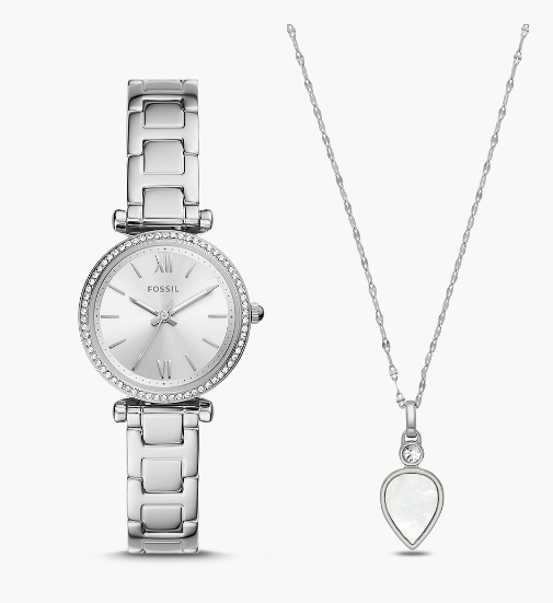 Carlie Three-Hand Stainless Steel Watch and Necklace Set