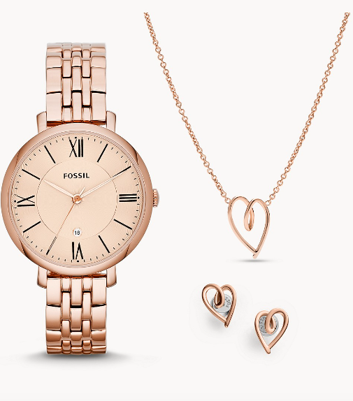 Jacqueline Three-Hand Date Rose Gold-Tone Stainless Steel Watch and Jewelry Set