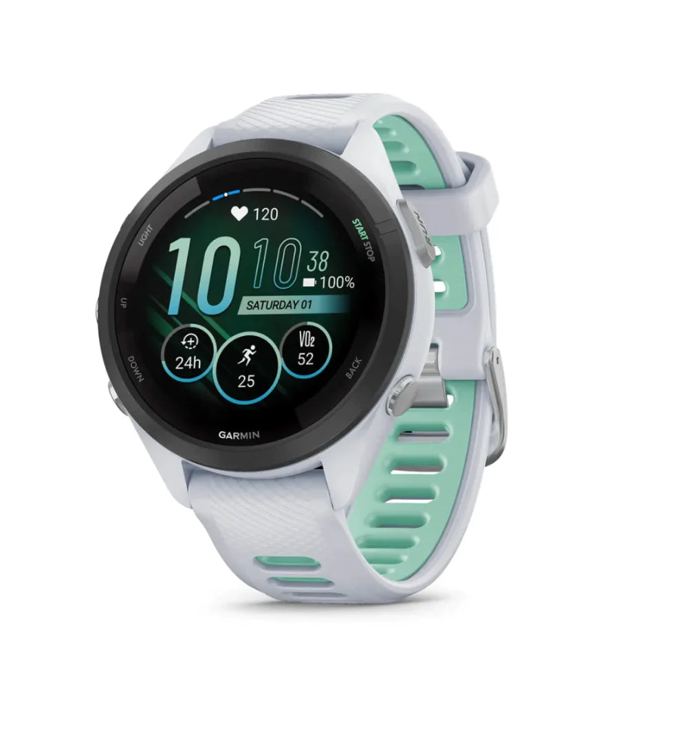 Forerunner® 265S Black Bezel with Whitestone Case and Whitestone/Neo Tropic Silicone Band
