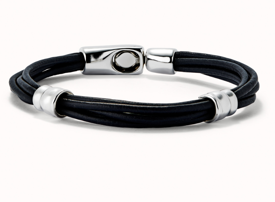 Multiple leather bracelet with 2 circumferences plated in sterling silver