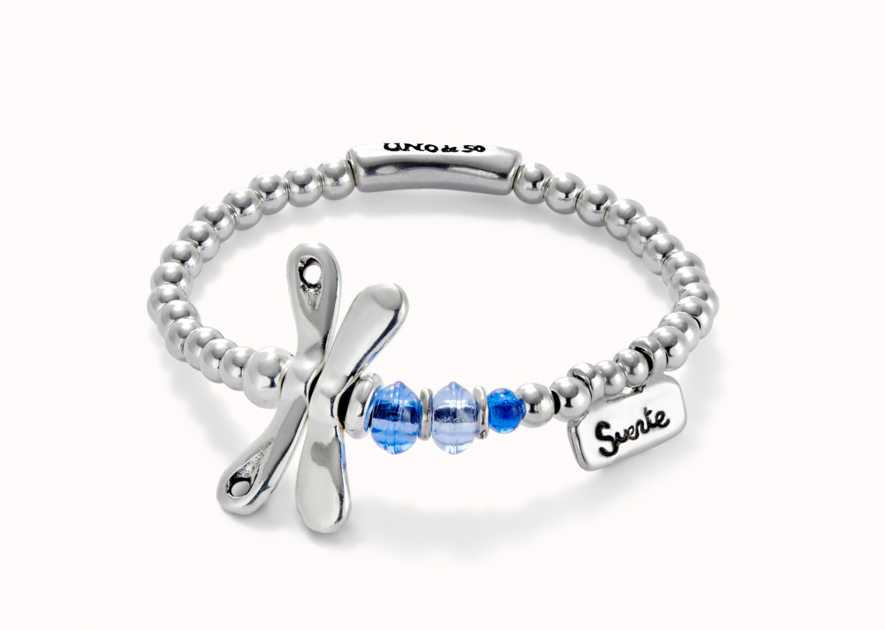 Elastic bracelet with sterling silver plated dragonfly with blue crystals