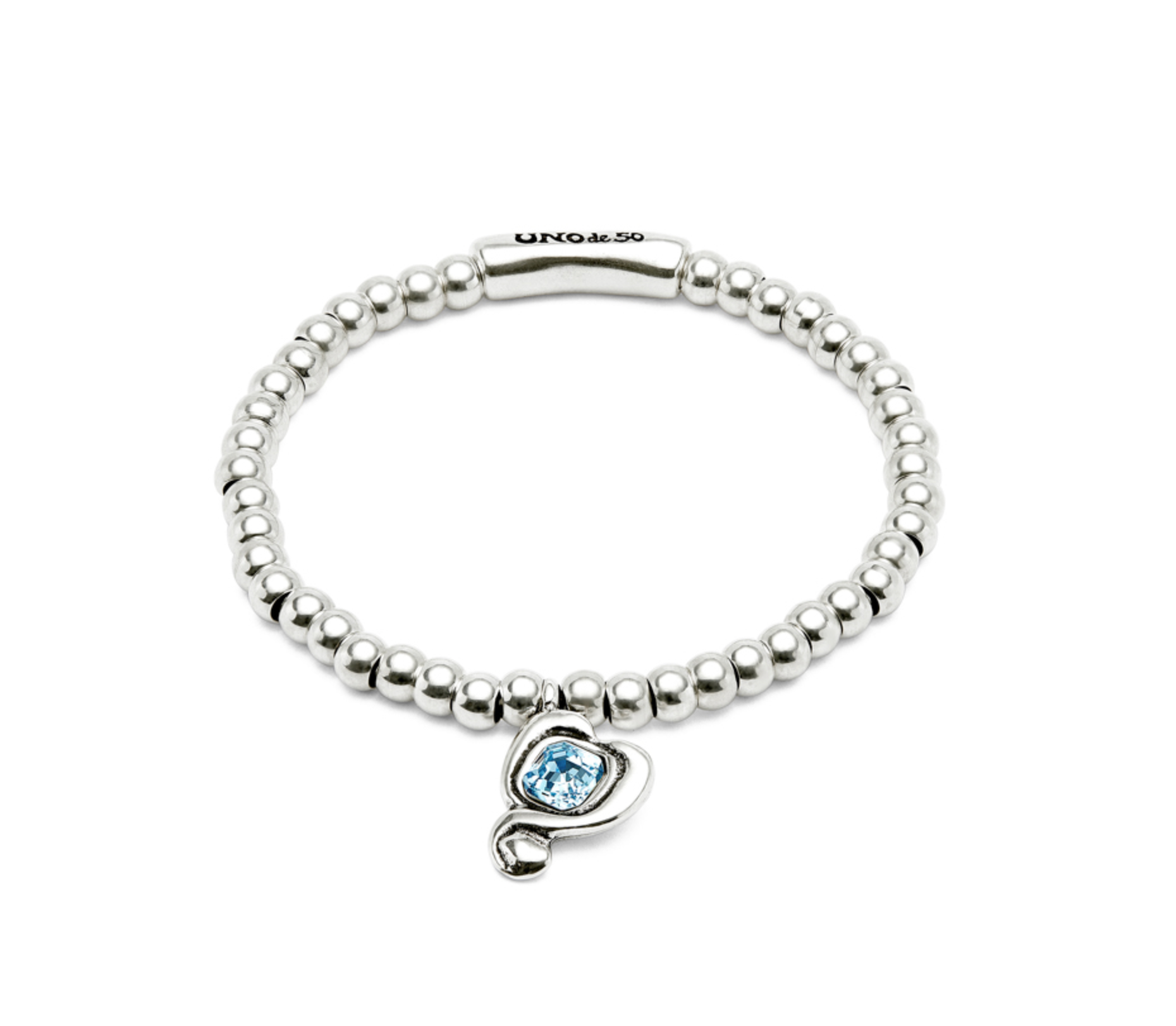 Sterling silver-plated bead bracelet with heart and light blue crystal