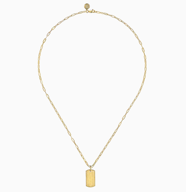 14K Yellow Gold Dog Tag Pendant Hollow Chain Necklace