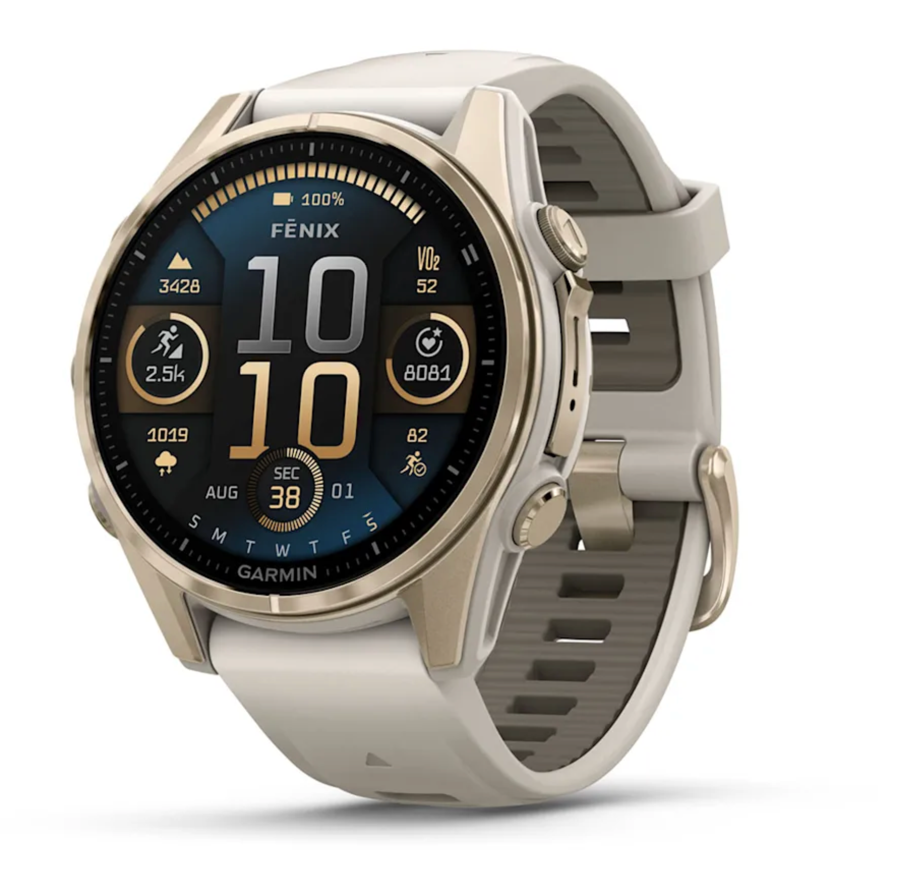 Fēnix® 8 – 43 mm, AMOLED Sapphire, Soft Gold with Fog Gray/Dark Sandstone Silicone Band