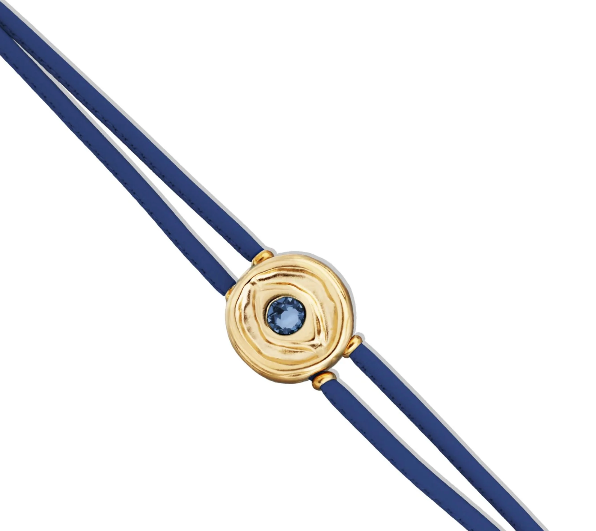 Double Blue Leather Metal Alloy Eye Detail Pleated Gold 18K Crystal Bracelet