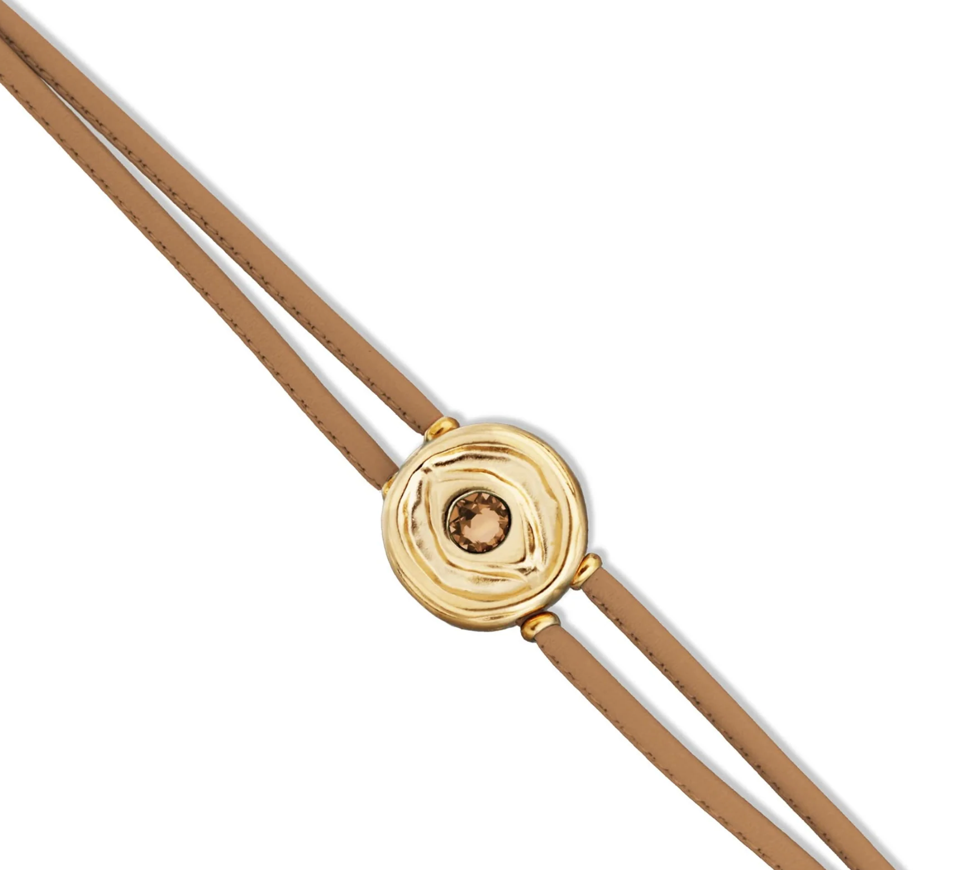 Double Cream Leather Metal Alloy Eye Detail Pleated Gold 18K Crystal Bracelet