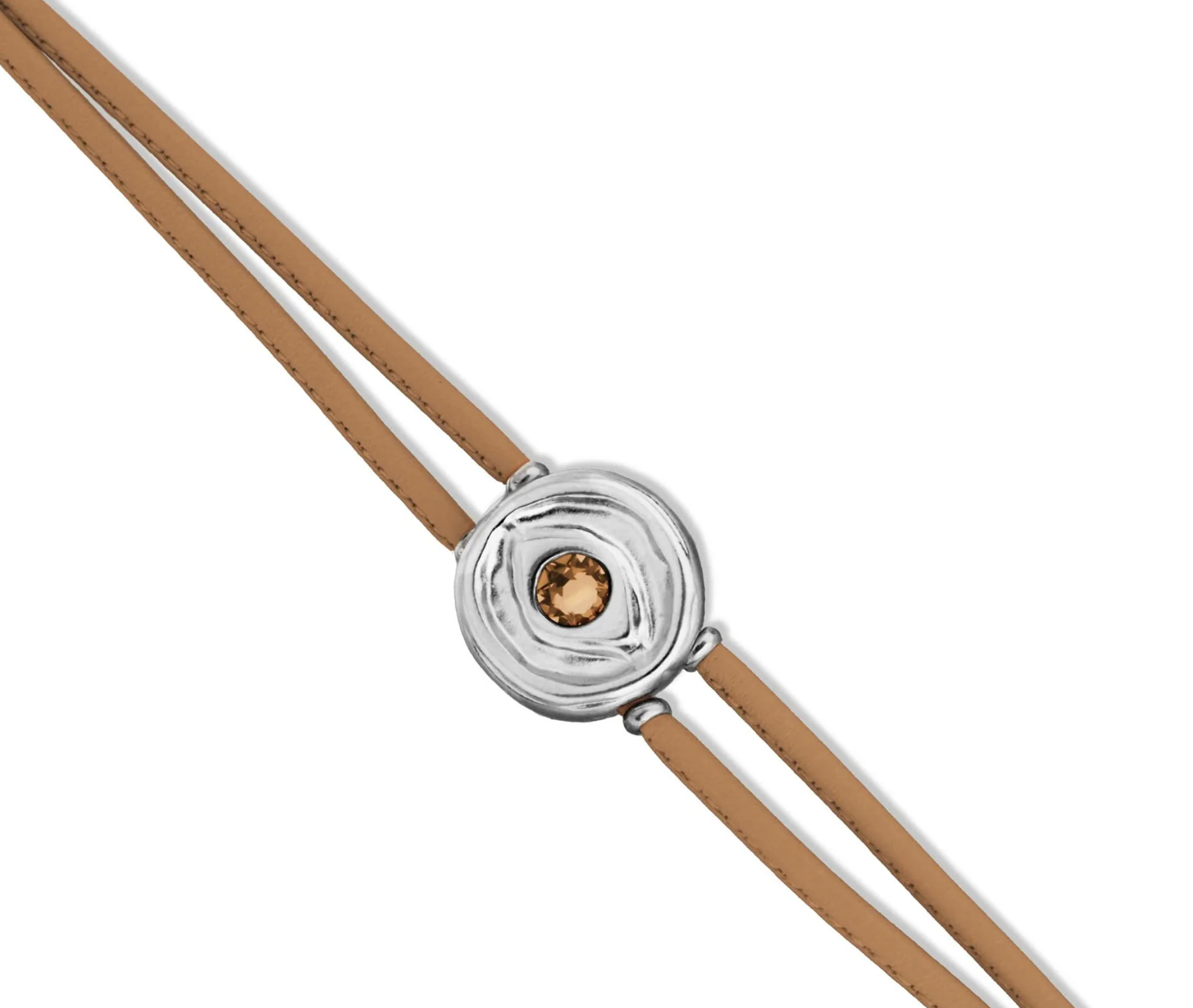 Double Cream Leather Metal Alloy Eye Detail Pleated Sterling Silver Crystal Bracelet