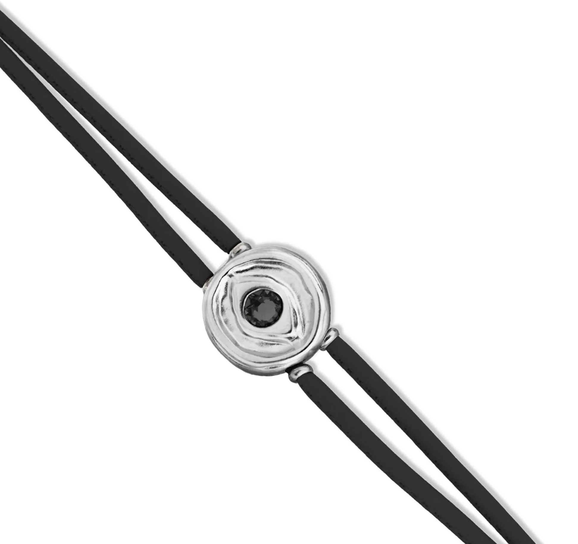 Double Black Leather Metal Alloy Eye Detail Pleated Sterling Silver Crystal Bracelet
