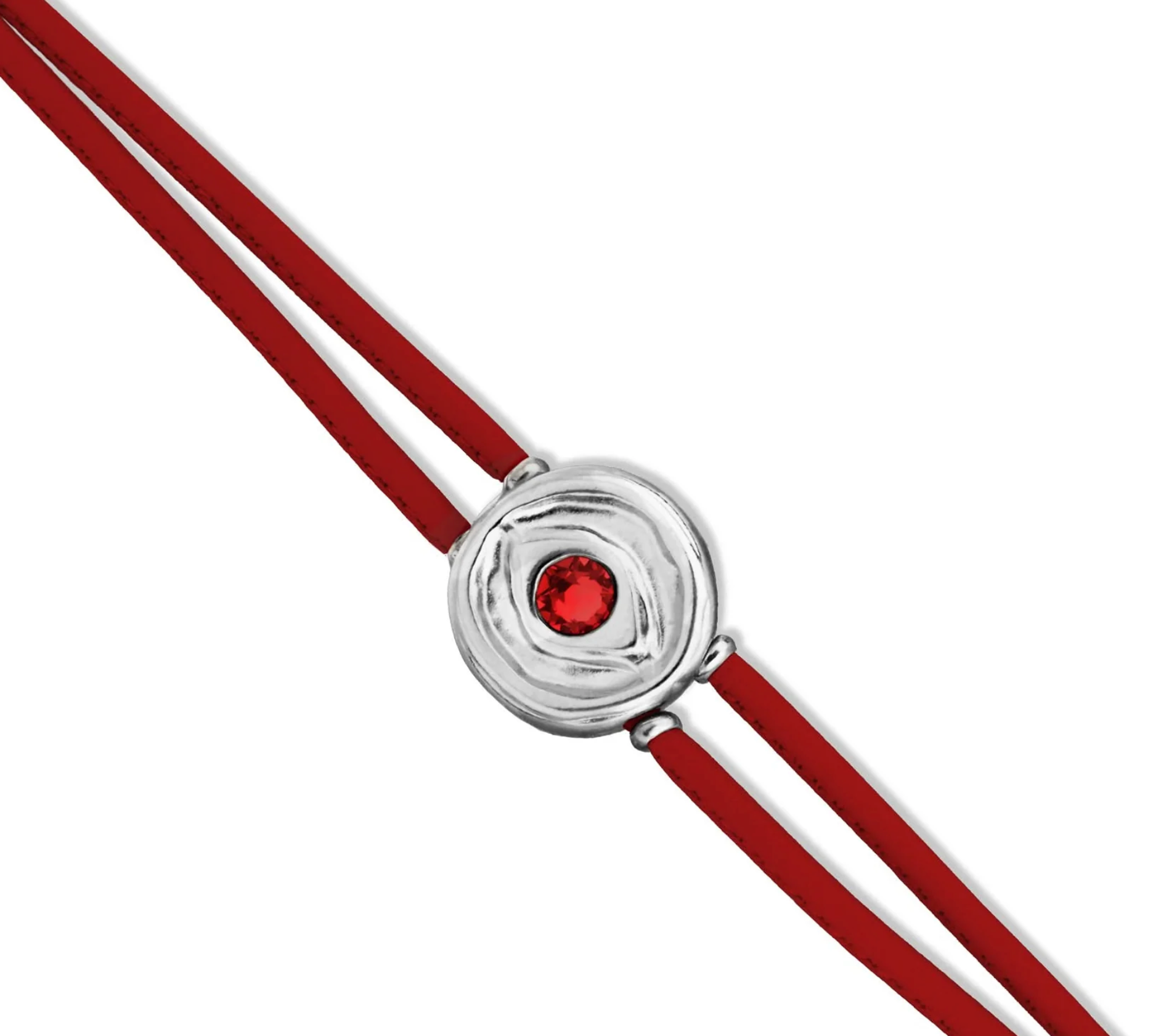 Double Red Leather Metal Alloy Eye Detail Pleated Sterling Silver Crystal Bracelet