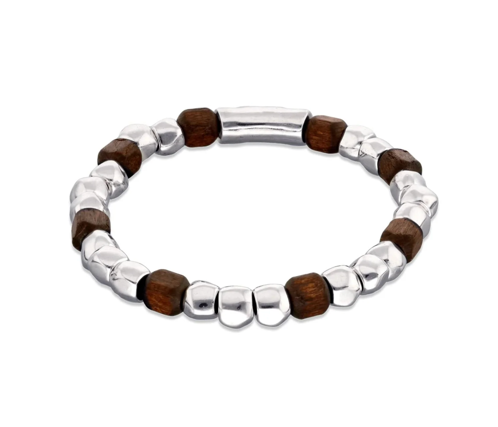 Metal Alloy Sterling Silver Plated And Wood Beaded Stretch Bracelet