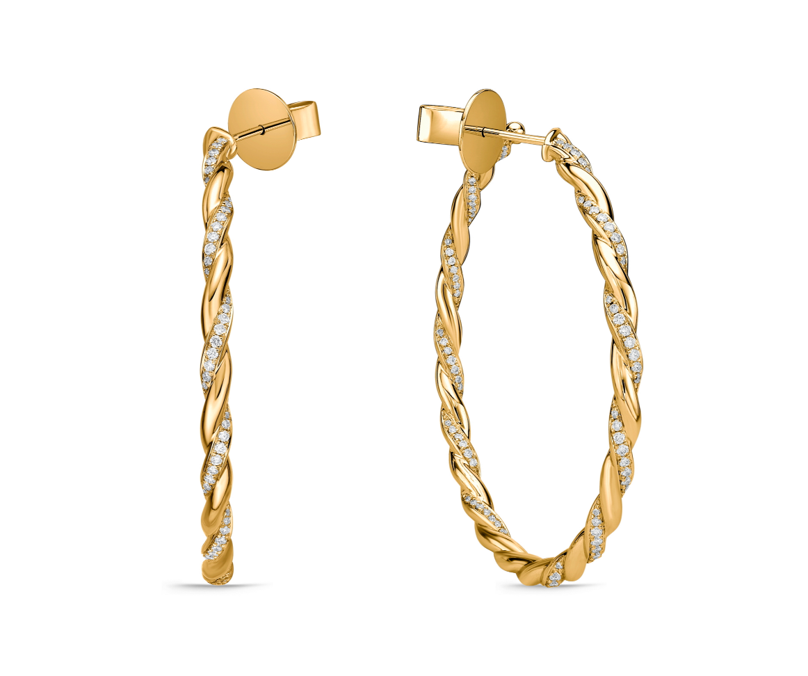 18K Yellow Gold Medium Vine Pavé Hoop Earrings