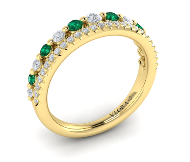 18K Yellow Gold Diamond and Emerald Two Row Ring