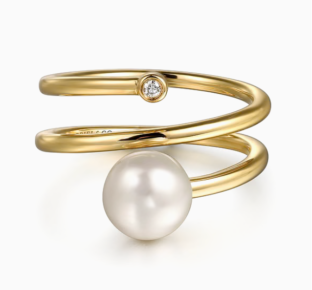 14K Yellow Gold Diamond and Pearl Bypass Ring