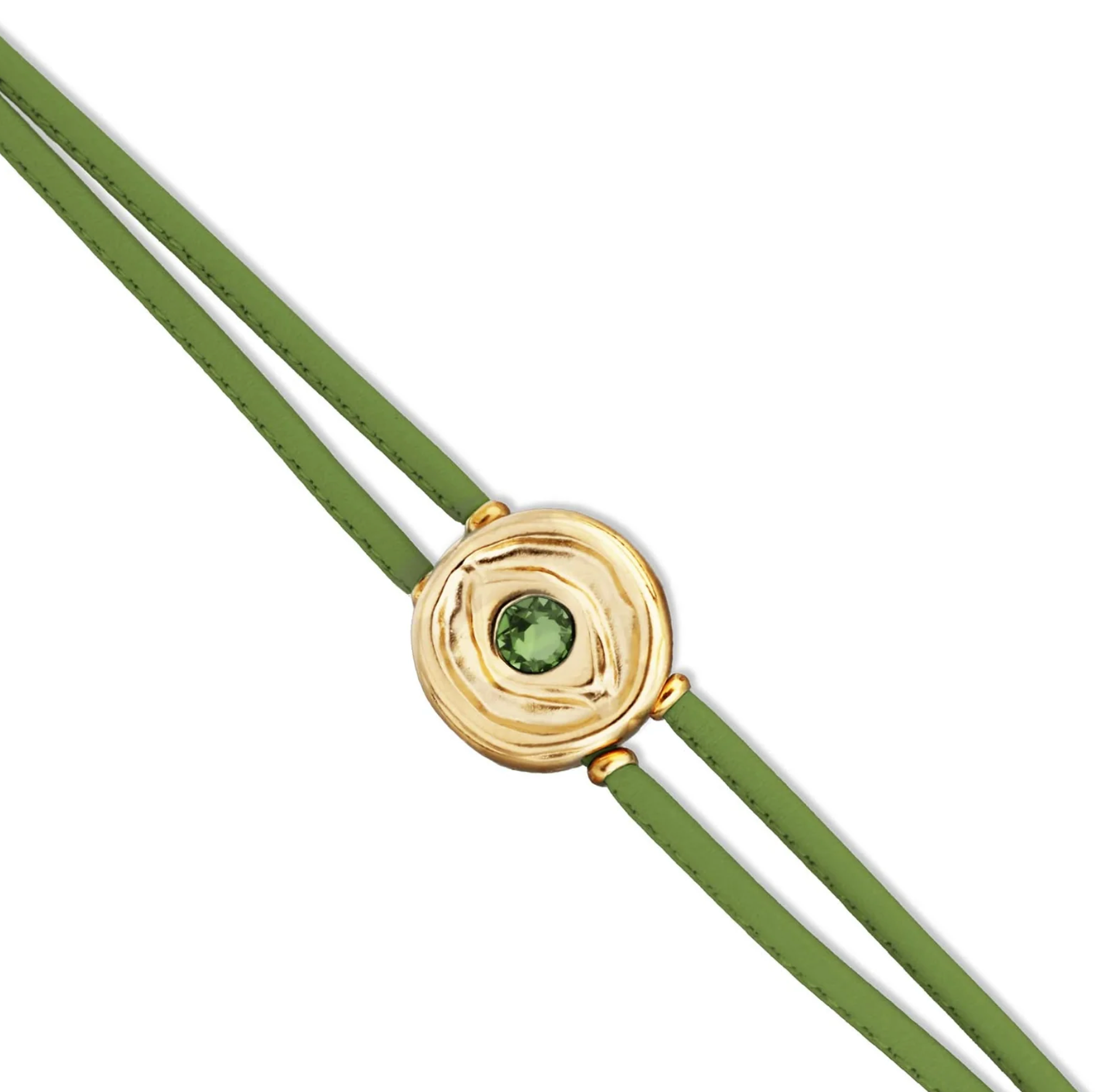 Double Green Leather Metal Alloy Eye Detail Pleated Gold 18K Crystal Bracelet