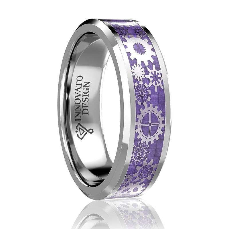 Silver Tungsten Carbide in Lavender Inlay with Gear Design Wedding Band