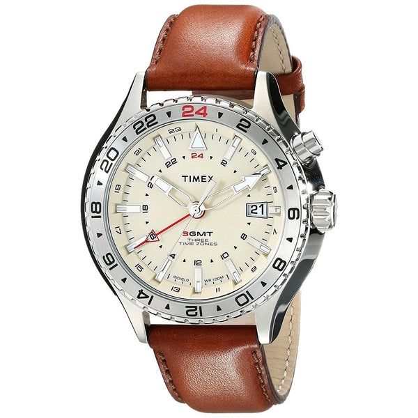 Timex Men's T2P426 Indiglo GMT Three Time Zones Brown Leather Watch