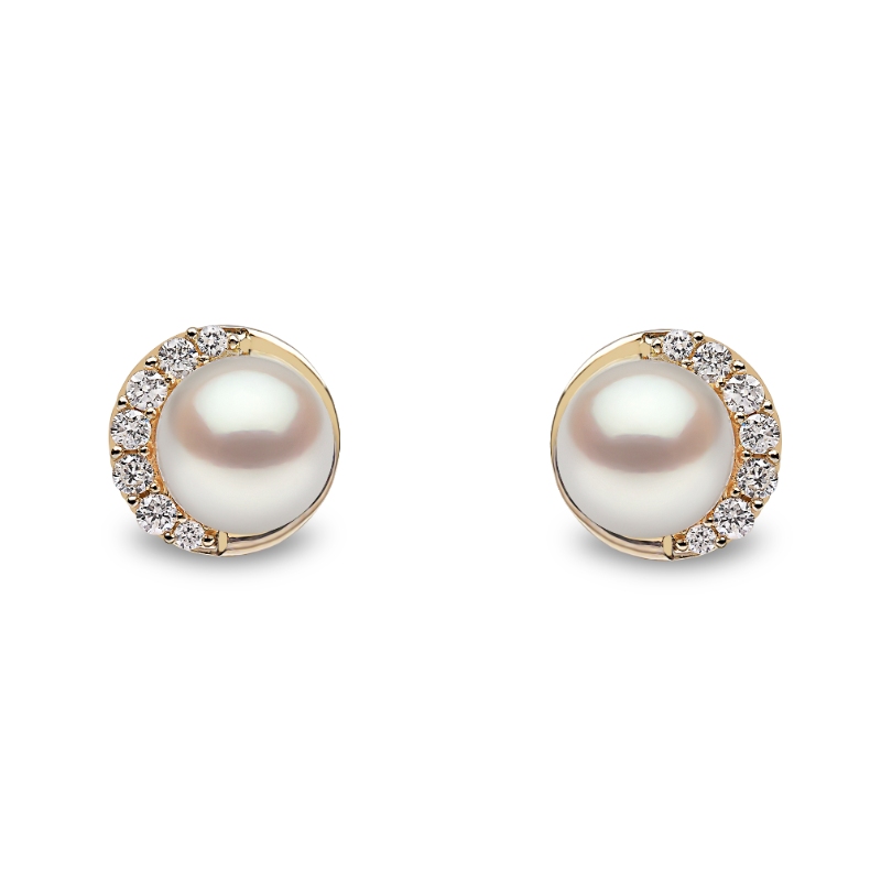 TEM0219-6F London Pearl & Diamond Stud Earrings In 18 Karat Yellow Gold With 2 Fresh Water Pearls