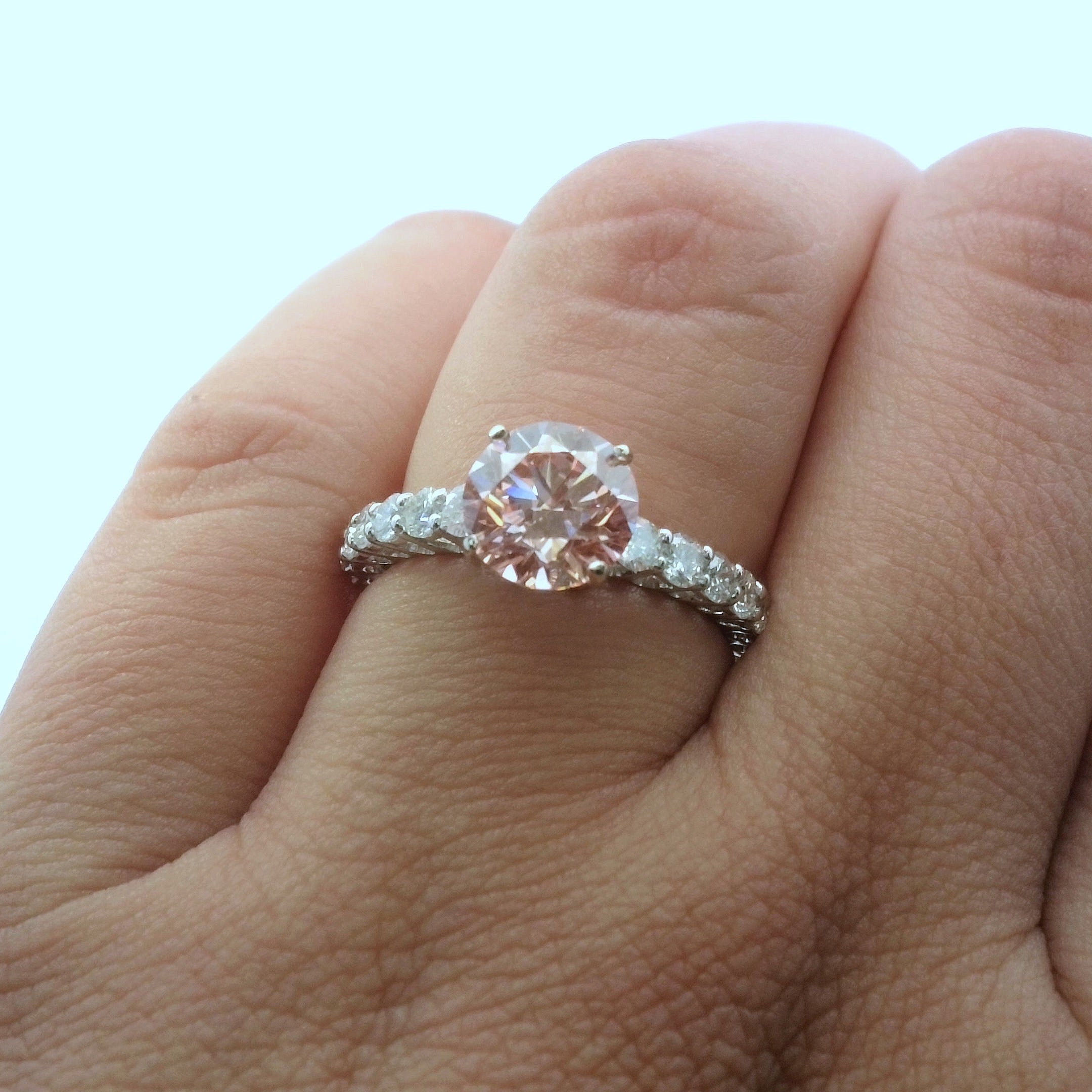 14k Natural Diamond Prong White Gold Engagement Ring with Pink Center Lab Grown Diamond
