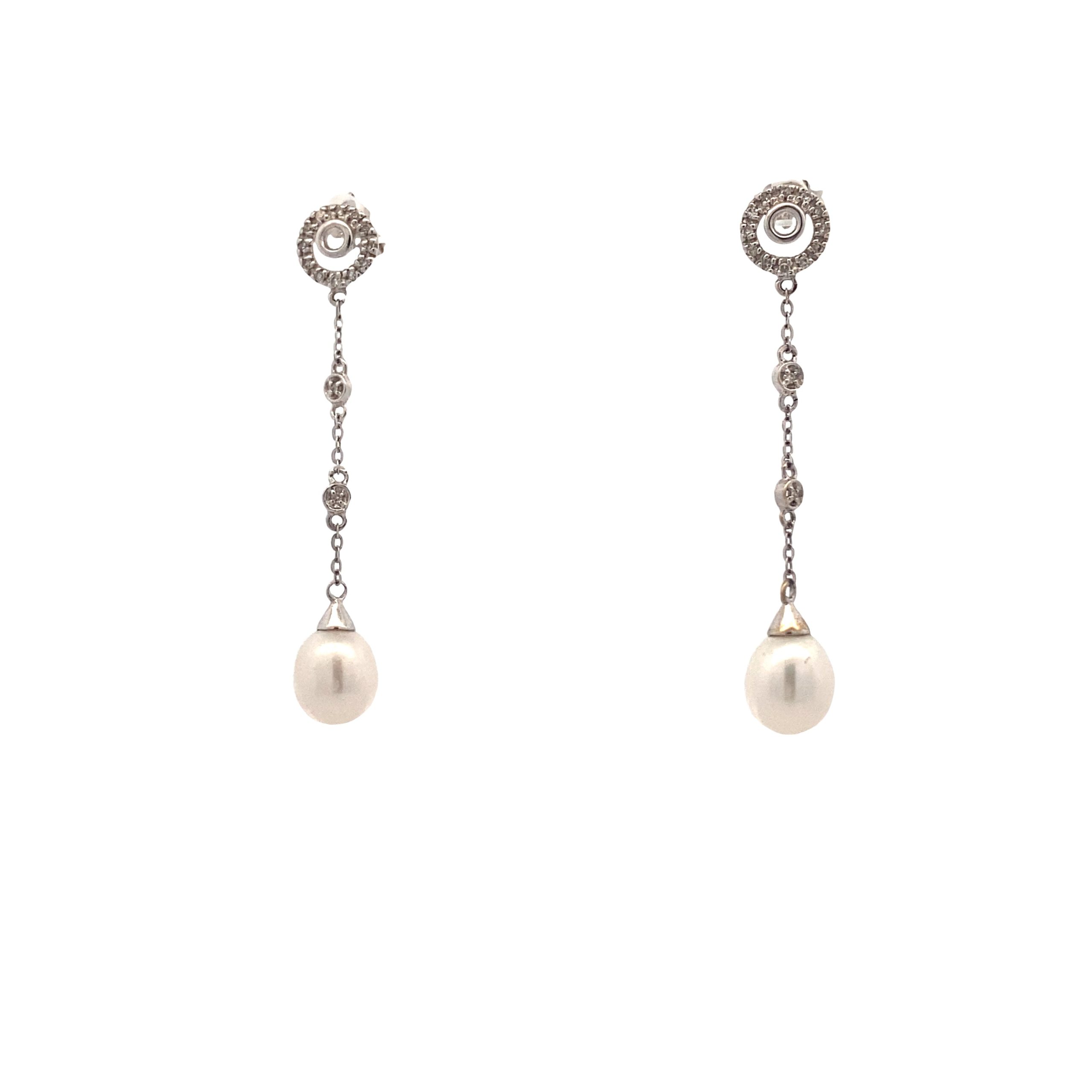 14K White Gold O Pearl Long Earrings