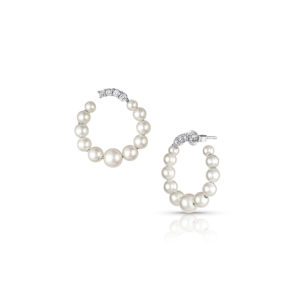 Baggins 14k White Gold Akoya Pearl Diamond Medium Hoop Earrings - BEST-426