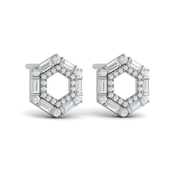 18K White Gold Diamond Baguette Double Row Open Honeycomb Stud Earrings