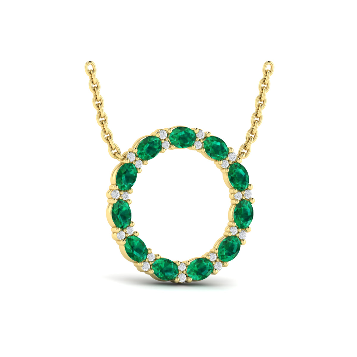 Emerald & Diamond Circle Pendant in Yellow Gold
