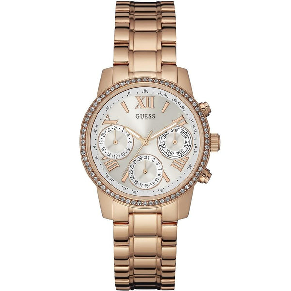Guess Women's W0623L2 Mini-Sunrise Multi-Function Crystal Rose-Tone Stainless Steel Watch