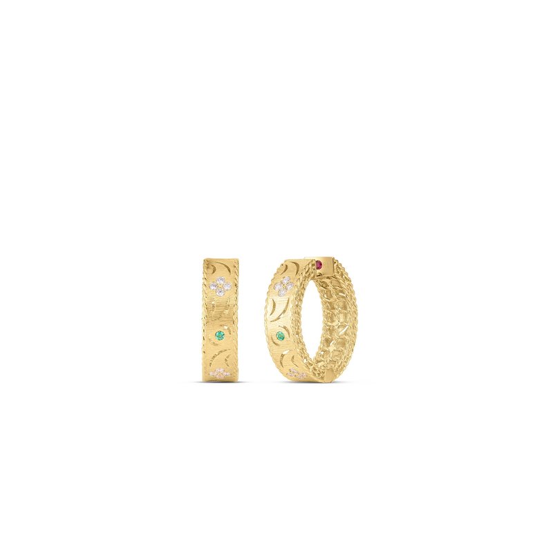 18K Yellow Gold Princess Diamond & Emerald Satin Finish Hoop Earrings