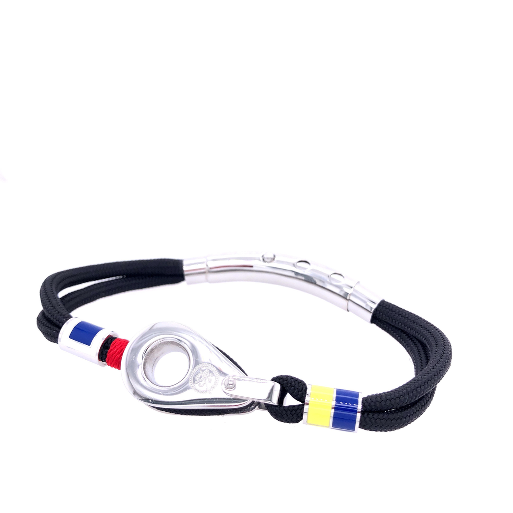 Black Double Cord with Silver Pulley and Nautical Flags Charms Bracelet (Black/Silver)