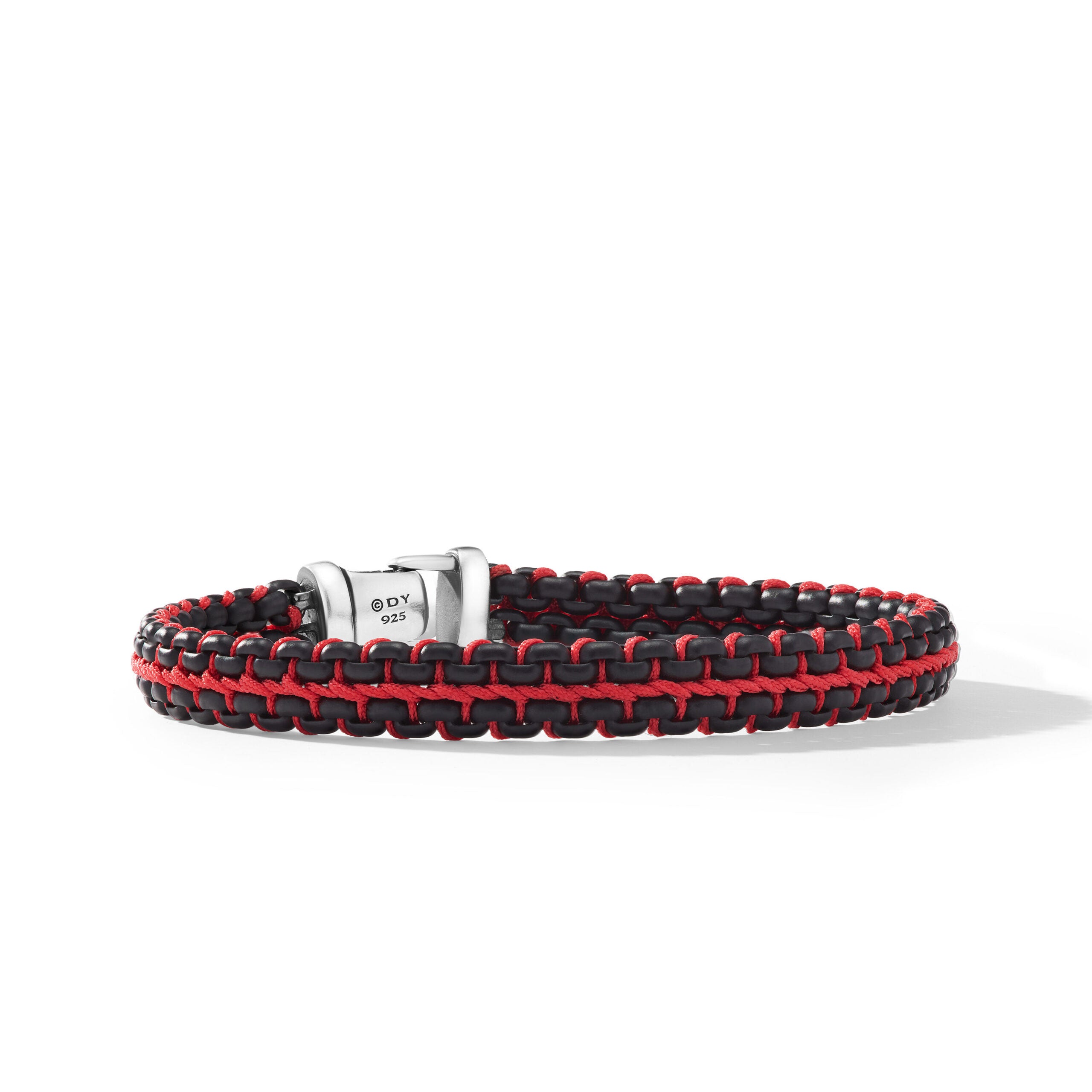 Woven Box Chain Bracelet in Sterling Silver with Black Stainless Steel and Red Nylon, 10mm