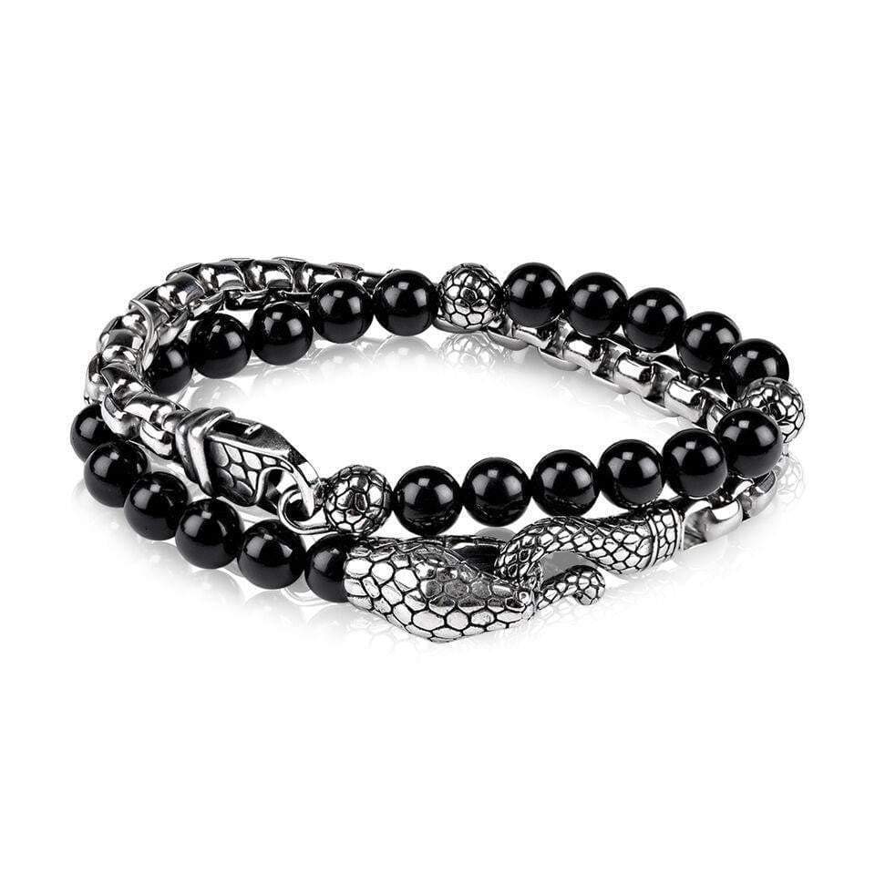 8mm Black Onyx Steel Snake Wrap Bracelet