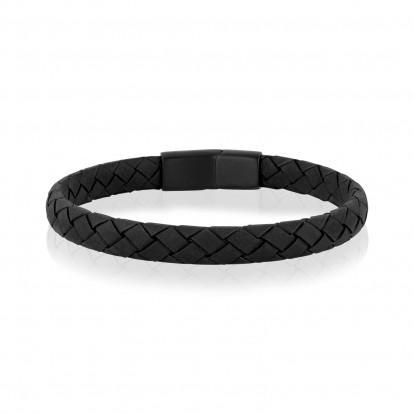 Flat Black Leather Black Clasp Bracelet