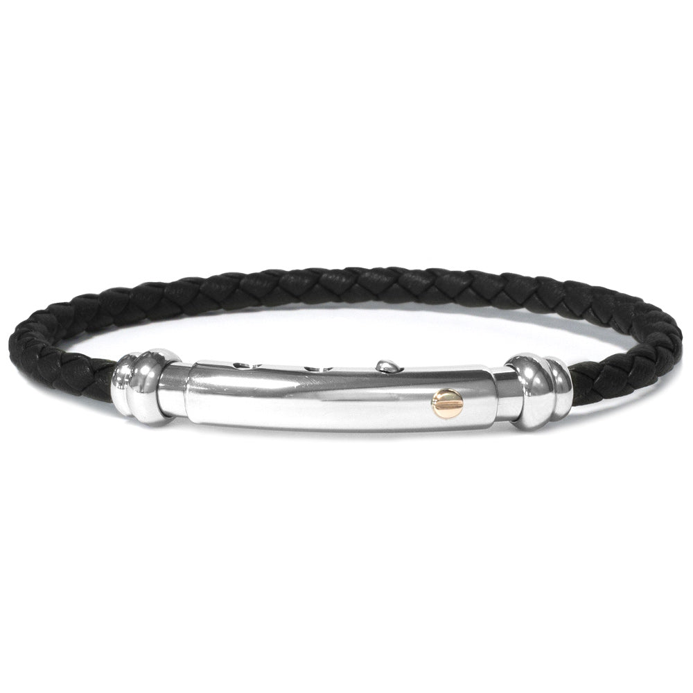 Black Leather Rope Bangle With Natural Stainless Steel