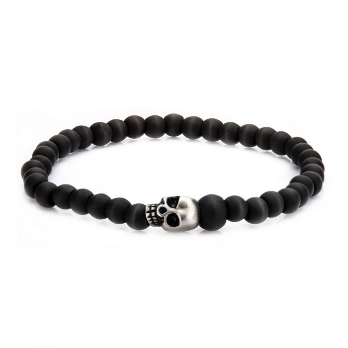 Stainless Steel Skull and Carbon Graphite Beads Bracelet