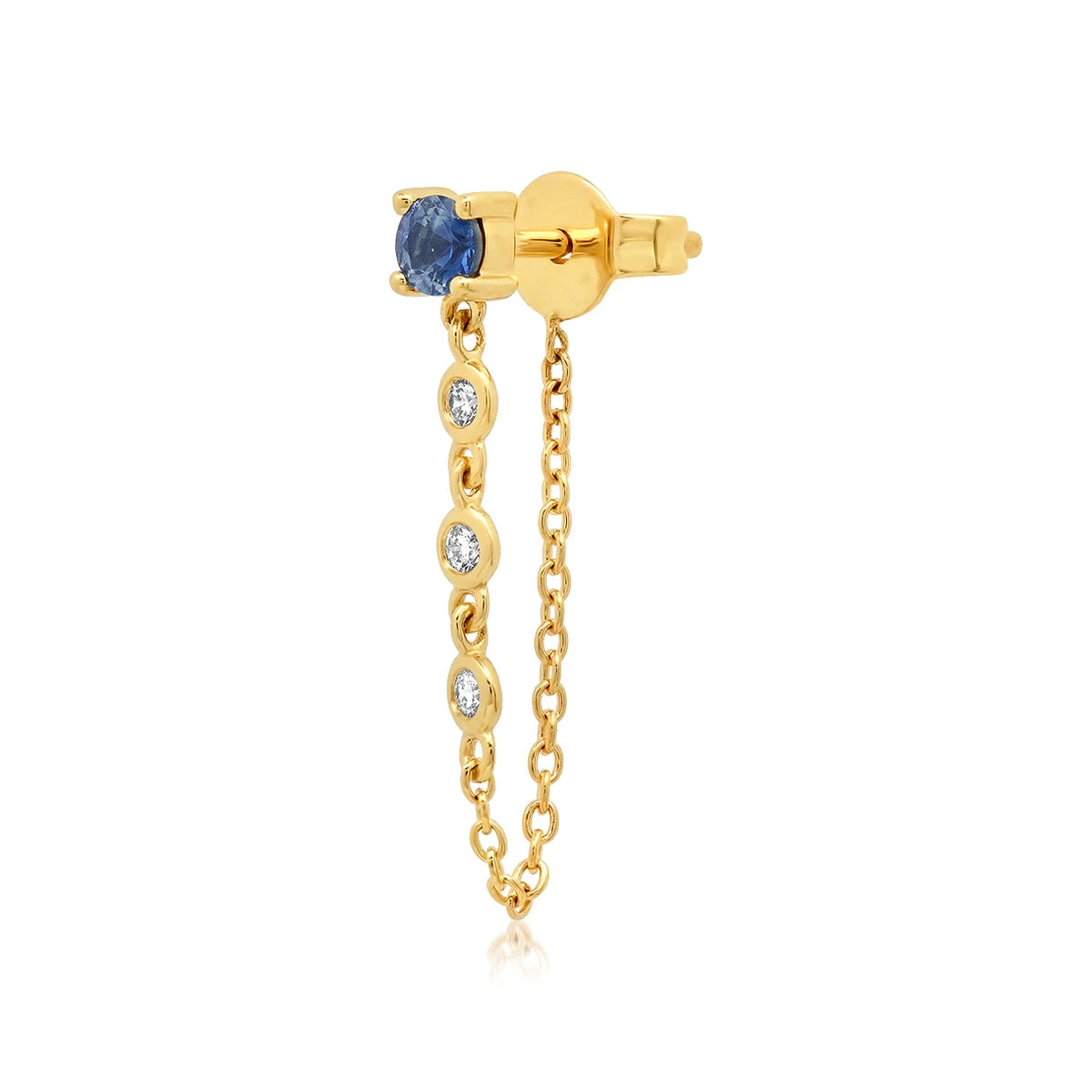Eriness 14K Yellow Gold Single Blue Sapphire Stud Diamond Chain Earring