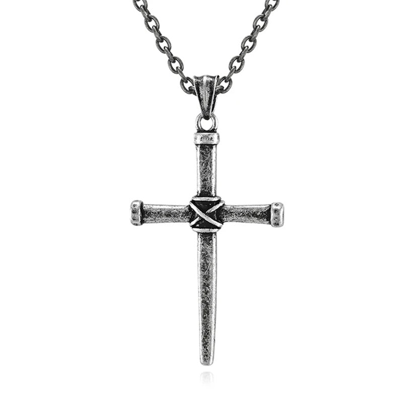 Silver & Black Nail Cross Pendant Necklace
