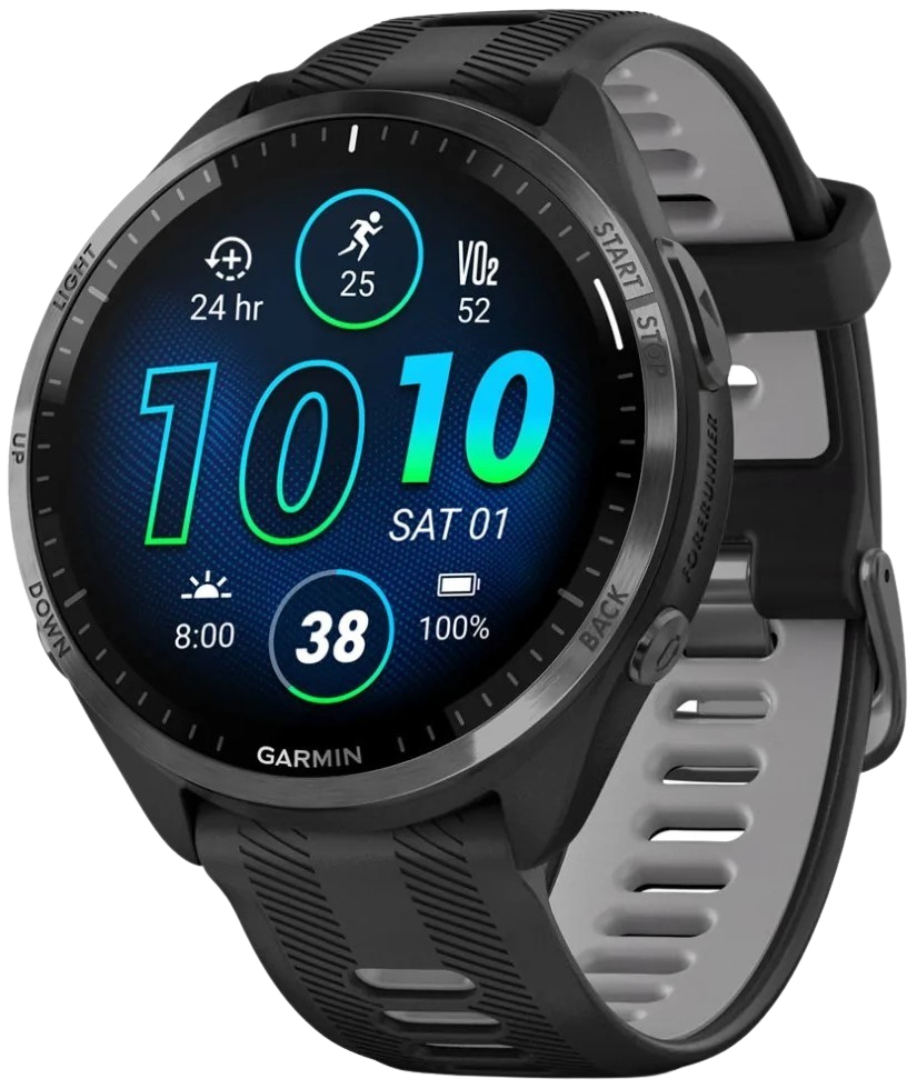 Forerunner® 965 Carbon Gray DLC Titanium Bezel with Black Case and Black/Powder Gray Silicone Band