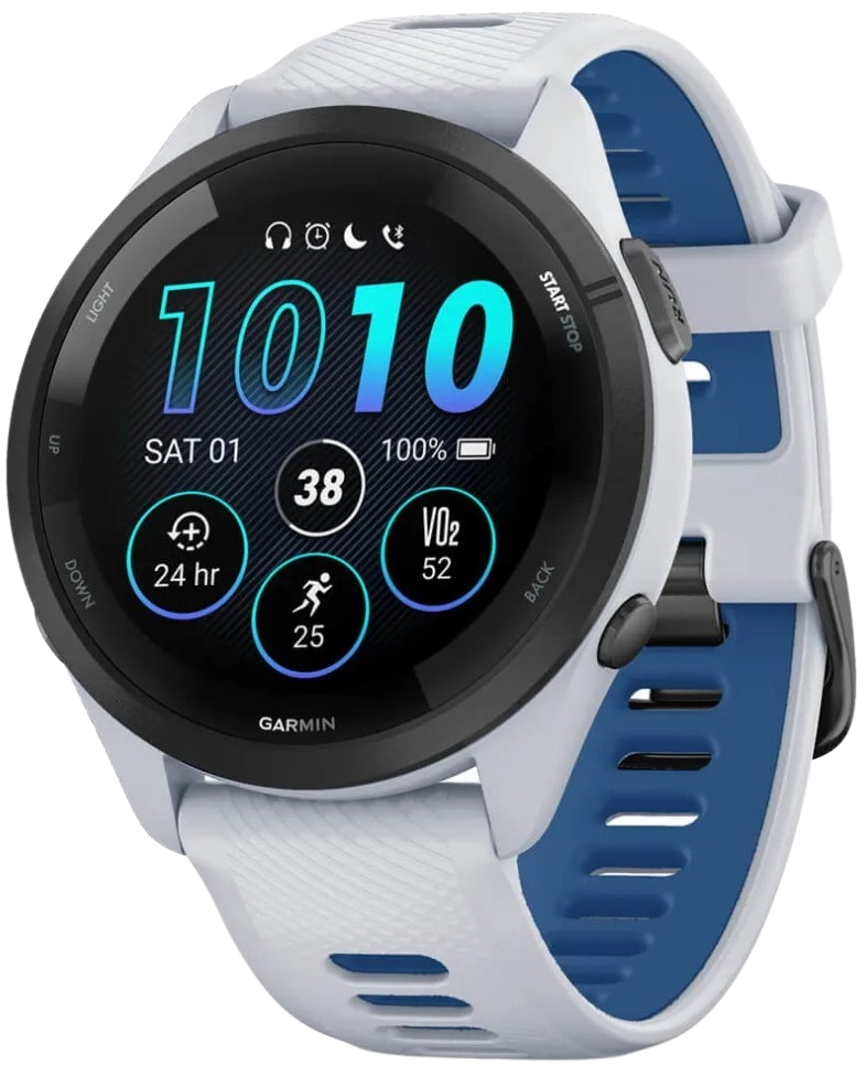 Forerunner® 265 Black Bezel with Whitestone Case and Whitestone/Tidal Blue Silicone Band