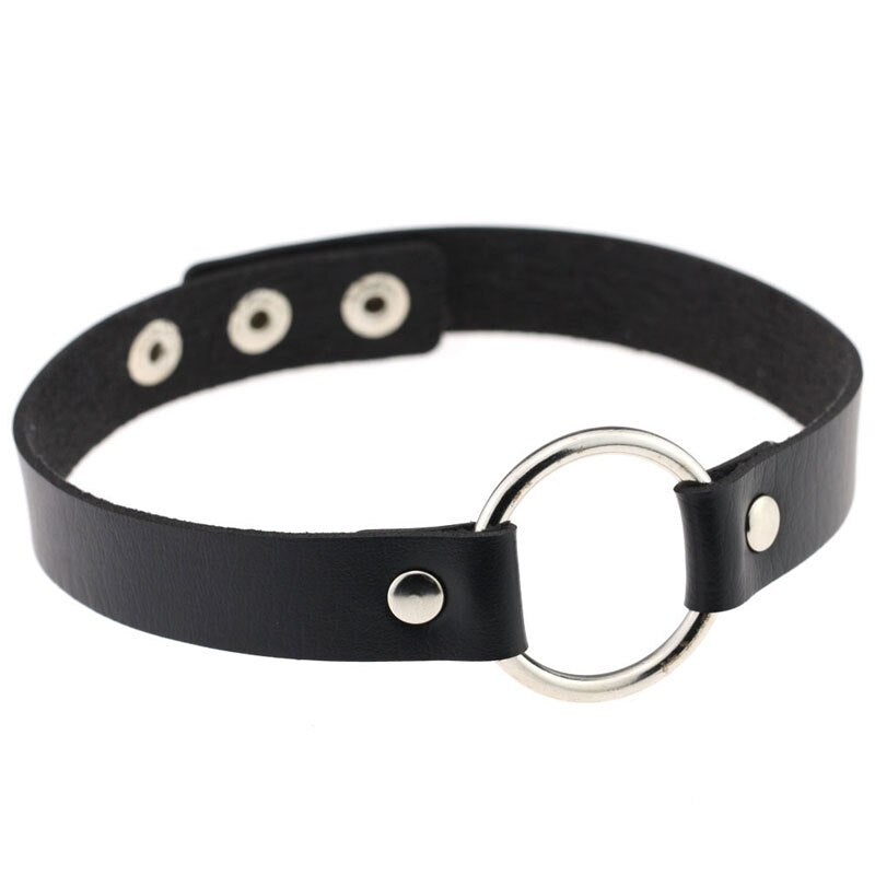 Women's Alloy Leather Necklace Glass Choker Collar Black Silver Tone Adjustable