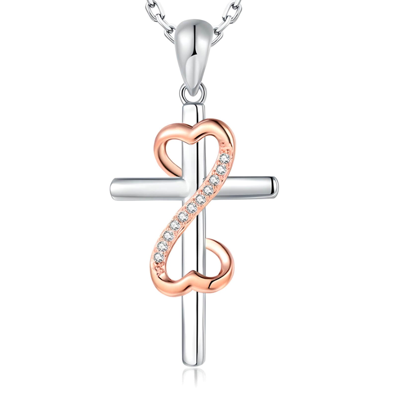 Interlocked Silver Cross and Rose Gold Infinity Symbol Pendant Necklace