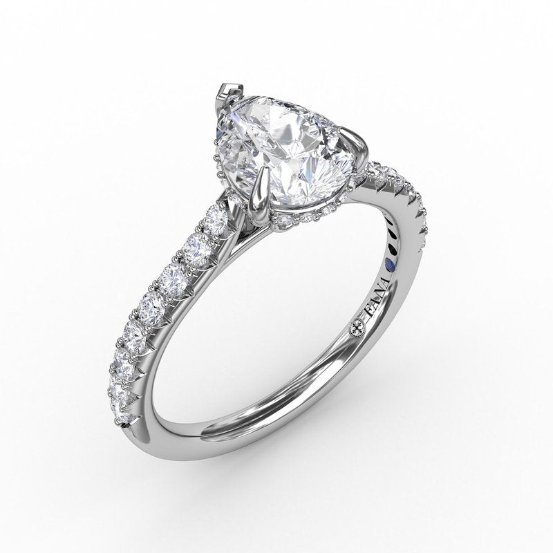 18K White Gold Pear Cut Solitaire With Hidden Halo Semi-Mount Engagement Ring