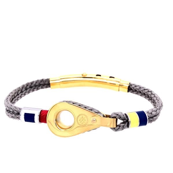 Grey Double Cord Shackle with Gold Pulley and Nautical Flags Charms Bracelet