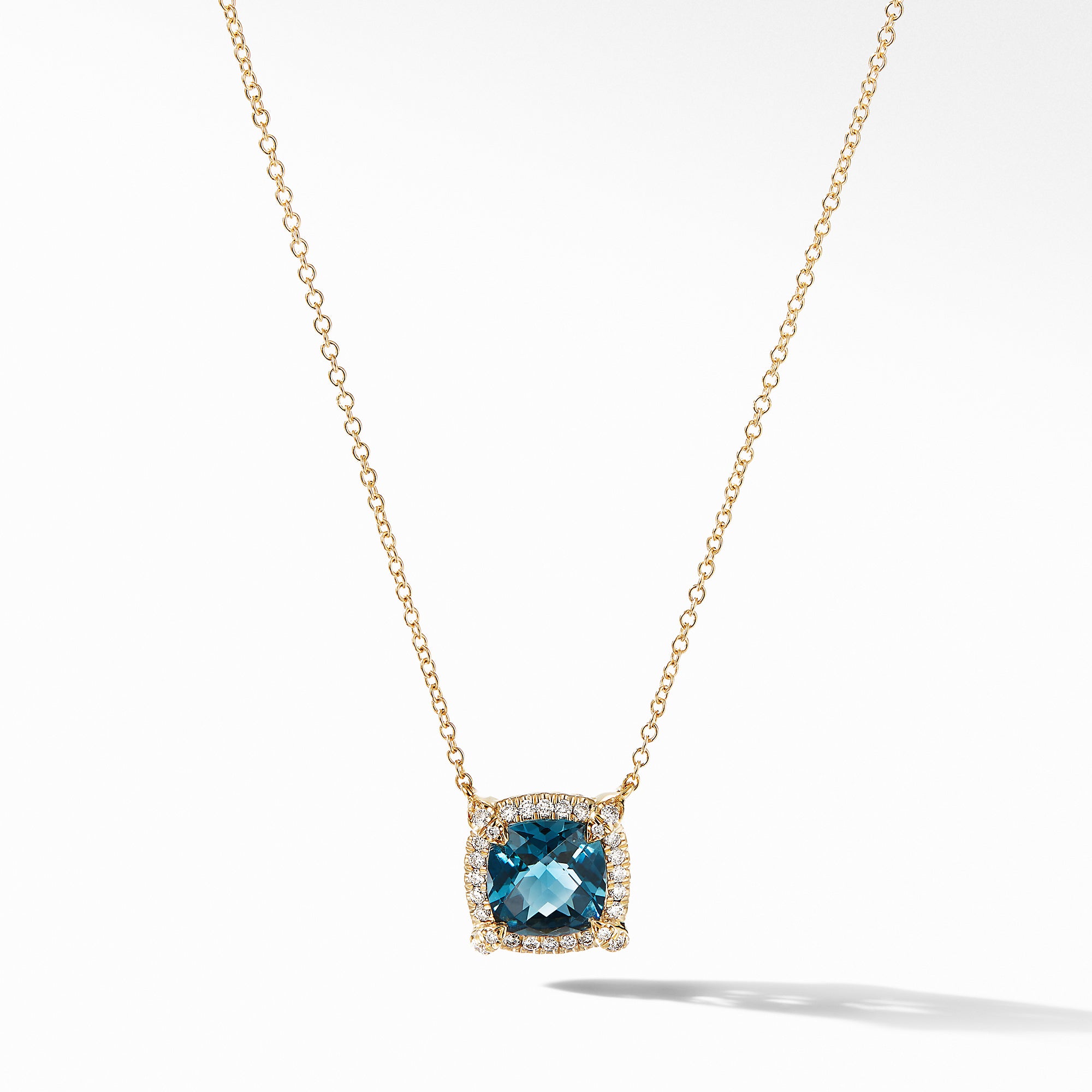 David Yurman Petite Chatelaine Pave Bezel Pendant Necklace in 18k Gold with Hampton Blue Topaz- N14202D88AIBDI