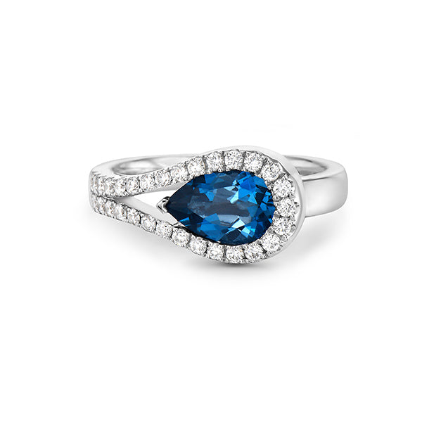 Charles Krypell 18k White Gold 1.42ct Pear Shape London Blue Topaz & Diamond Loop Ring - 052374