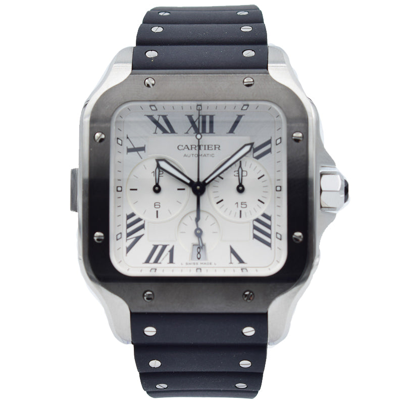 SOLD 11/2019 - Cartier Santos - WSSA0017 - Silver Dial with Chronograph Box and Papers - 43mm
