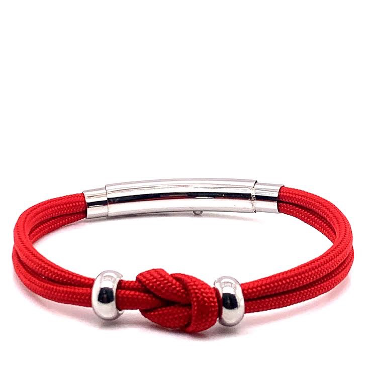Red Double Cord Knot with Silver Beads Bracelet (Red/Silver)
