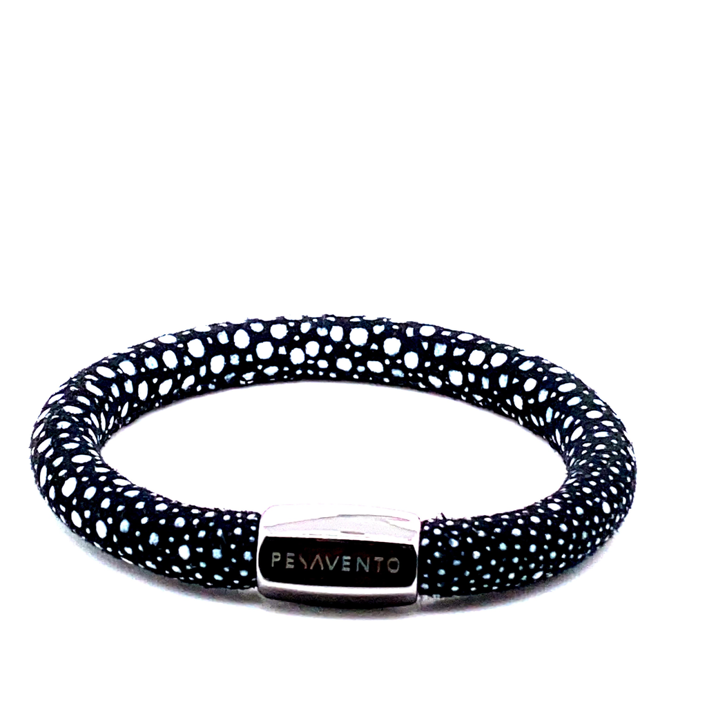Silver Black and White Leather Bracelet